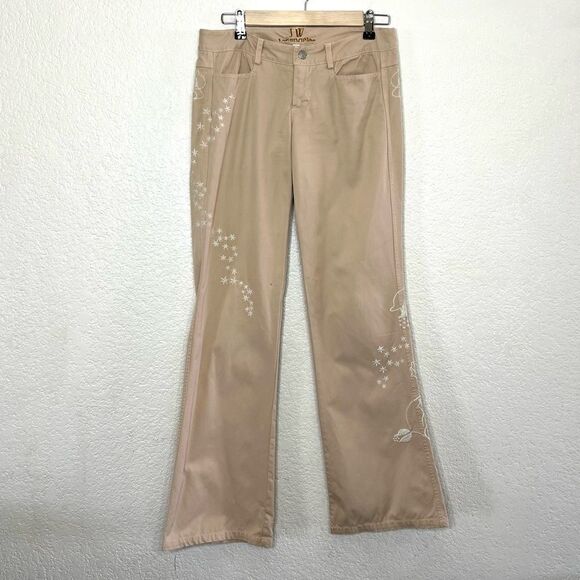 Johnny Was JW Los Angeles Tan Floral Embroidered Bootcut Khaki Pants Size 2